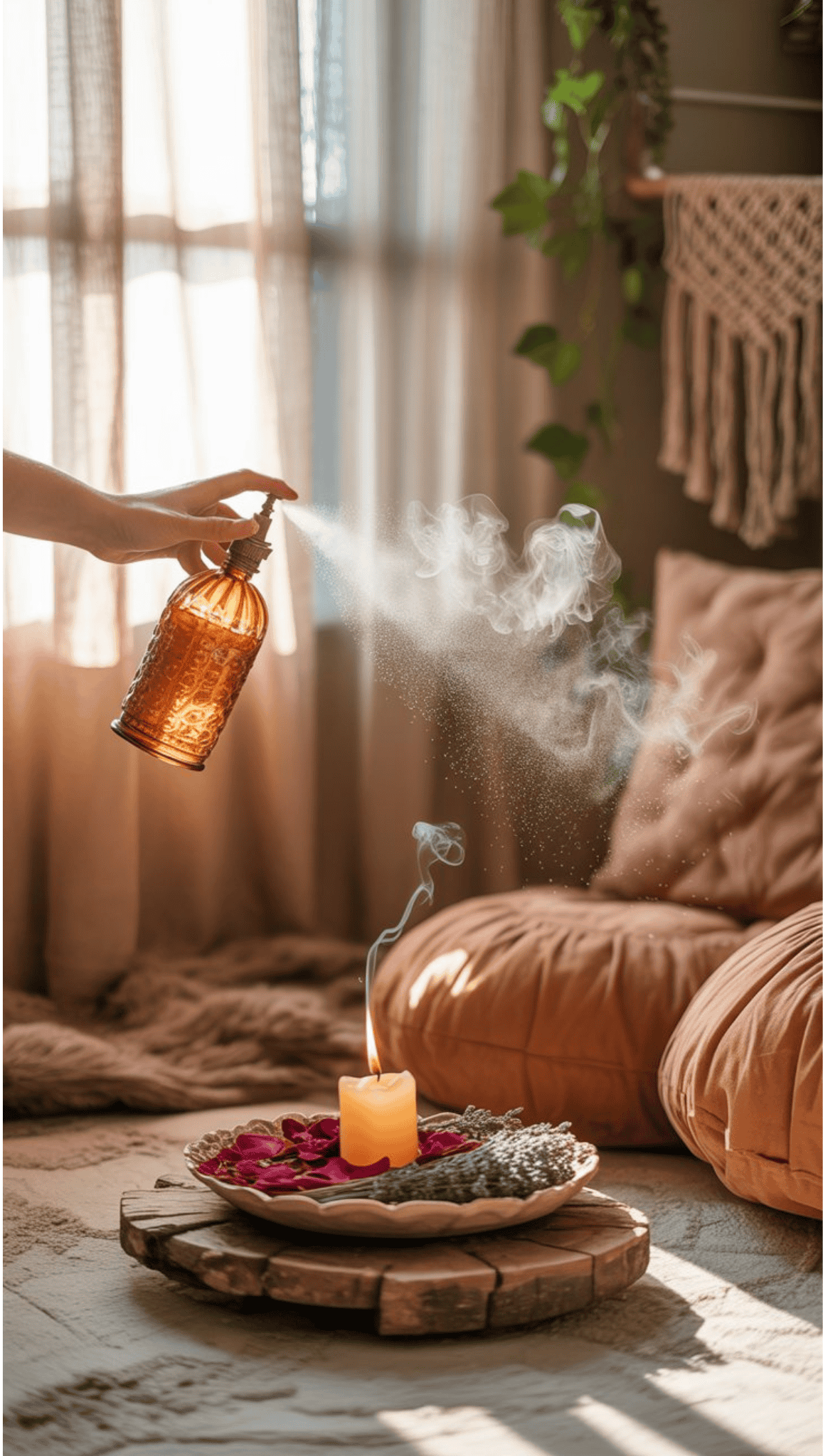 A hand sprays mist from a brown glass bottle near a burning candle on a wooden tray with potpourri and lavender, creating calming vibes in a cozy sunlit room—perfect for meditation spaces with cushions and soft decor.