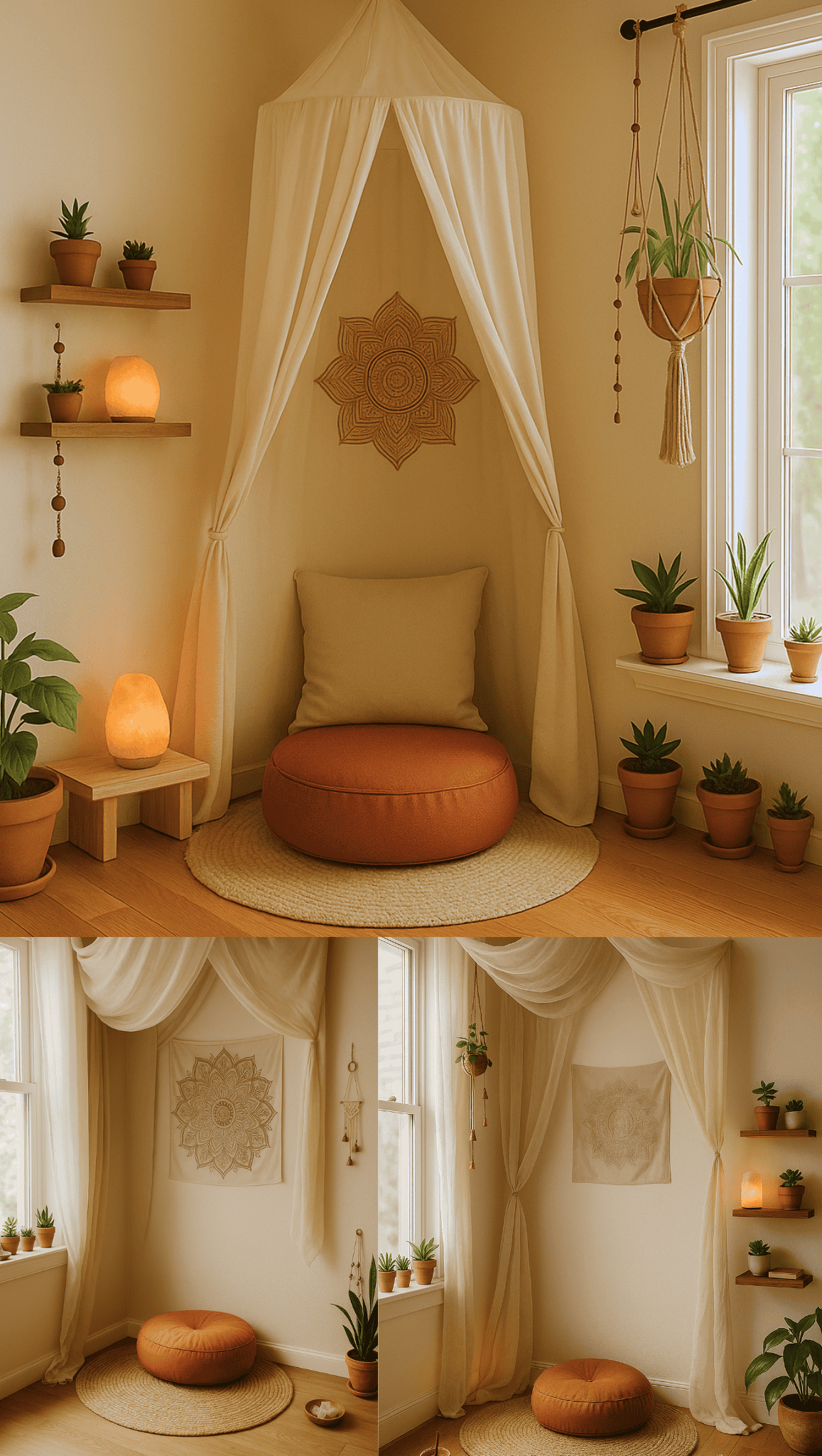 A cozy meditation room nook with a floor cushion, pillow, low table, potted plants, a salt lamp, hanging wall art, and soft natural light from nearby windows. The space features warm tones and tranquil, minimalist decor.
