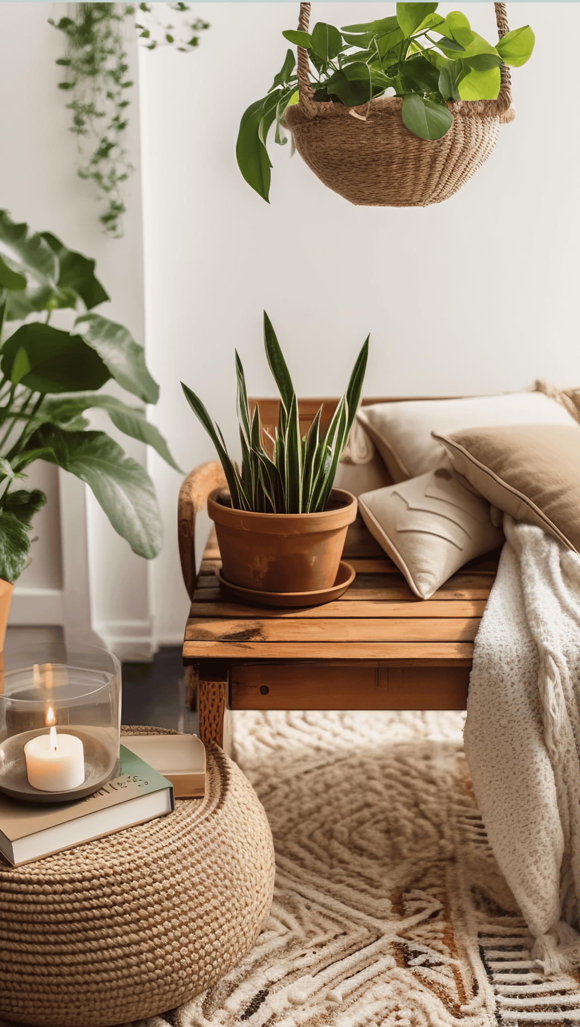 Cozy living space with a wooden bench, potted plants, soft beige pillows and throw, a lit candle on books, and a hanging plant. Natural light and neutral tones create a calm, inviting atmosphere—perfect for a meditation space.