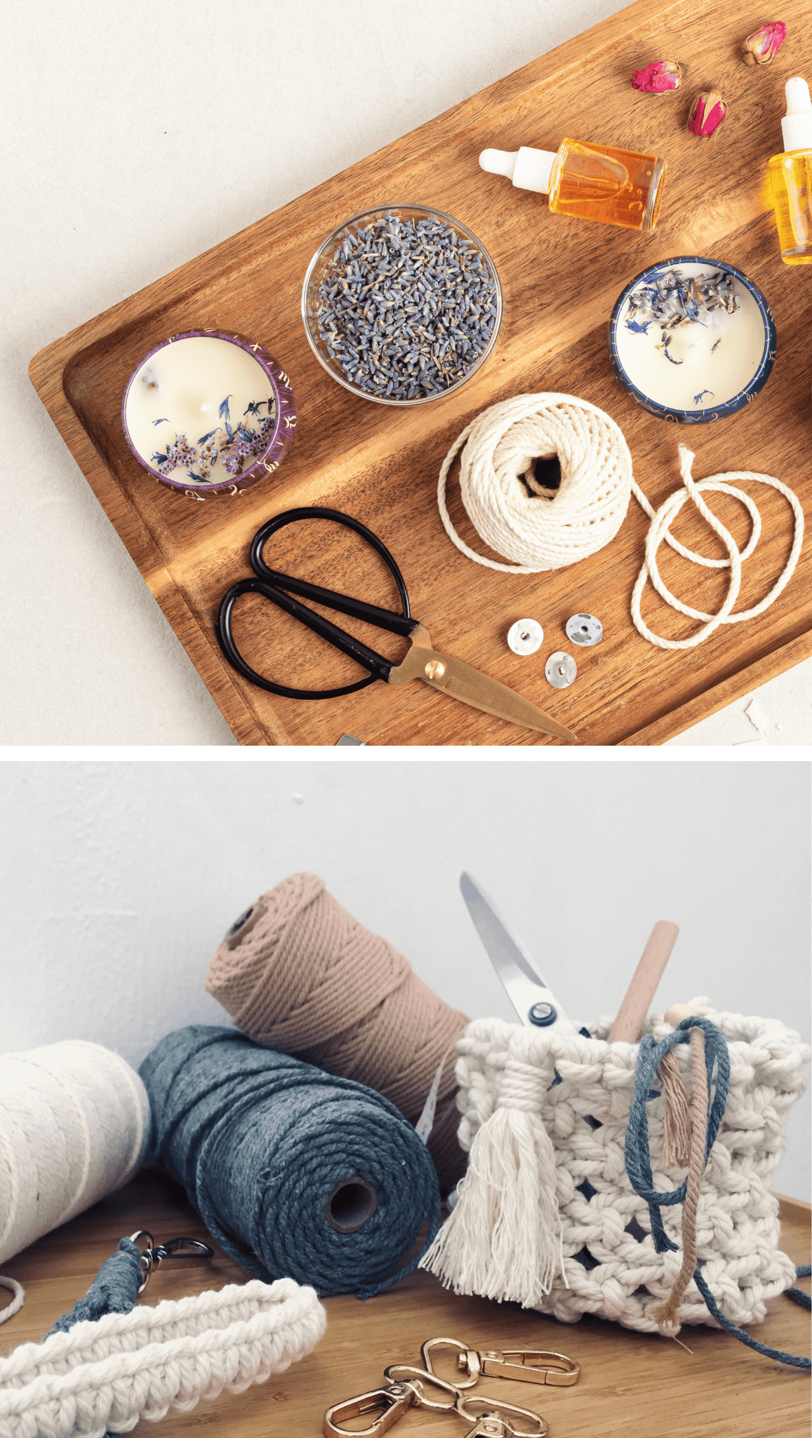 A wooden tray with lavender, candles, scissors, buttons, string, and oil bottles; below, rolls of yarn, a crocheted basket, scissors, and macrame keychains create a calming vibe—perfect for meditation spaces on a wooden surface.