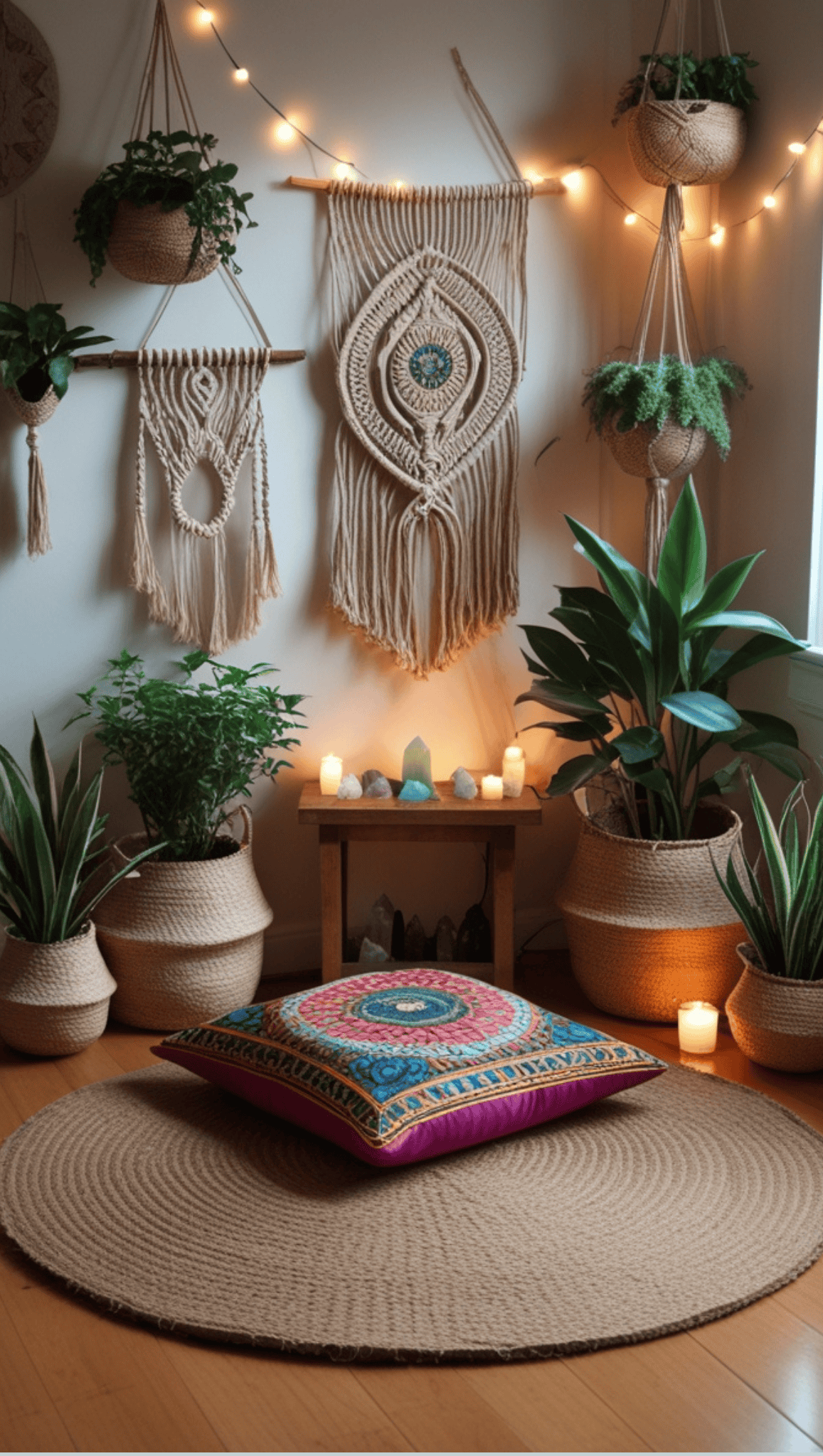 A cozy meditation space with a round woven rug, colorful floor cushion, potted plants, candles, crystals, and macrame wall hangings. Warm string lights create a peaceful, inviting Meditation Room atmosphere.