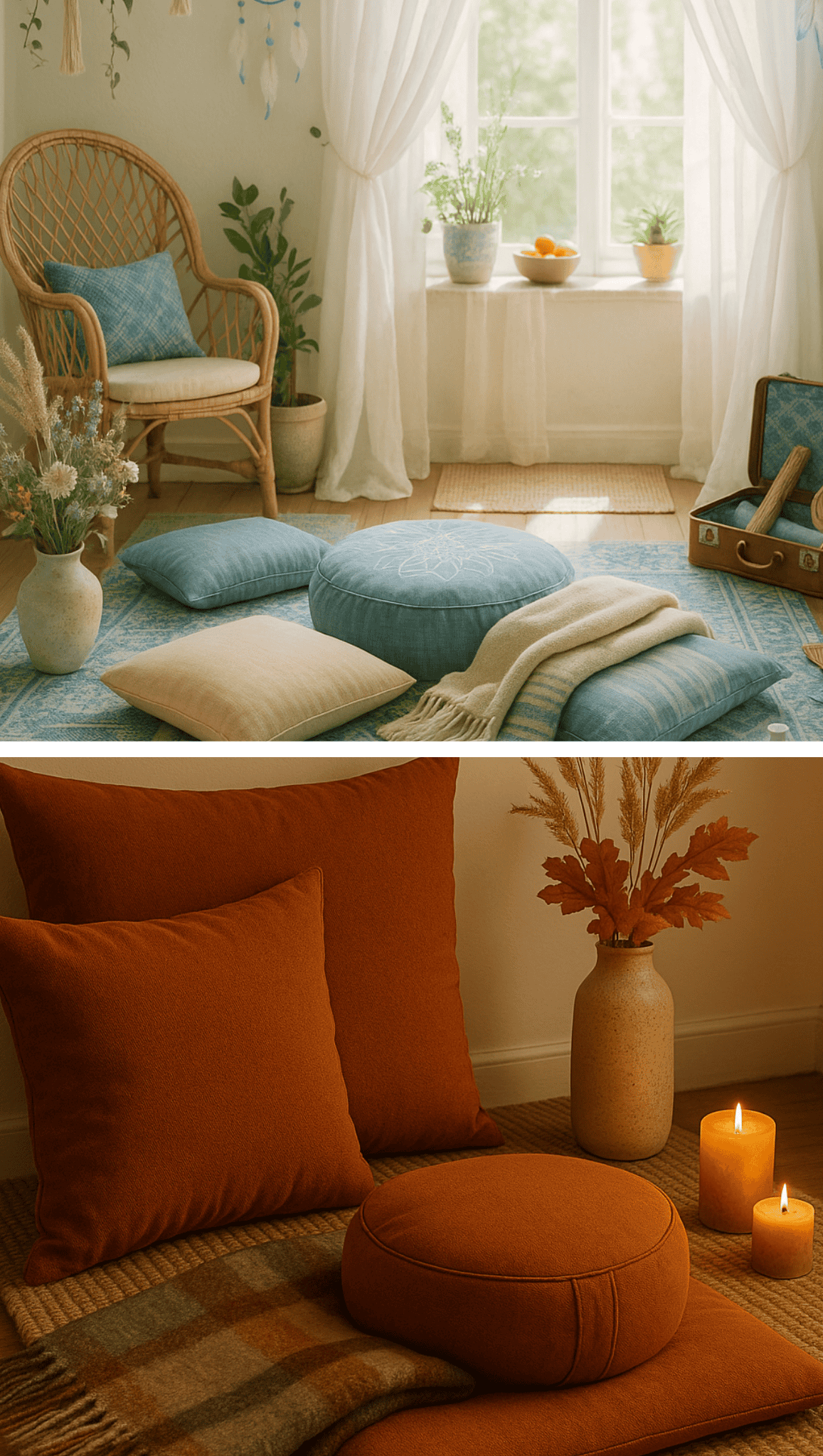 Top: Sunlit cozy reading nook or meditation space with blue floor cushions, a rattan chair, plants, and sheer curtains by a window. Bottom: Warm setting with orange cushions, round pillow, plaid blanket, dried flowers, and candles.