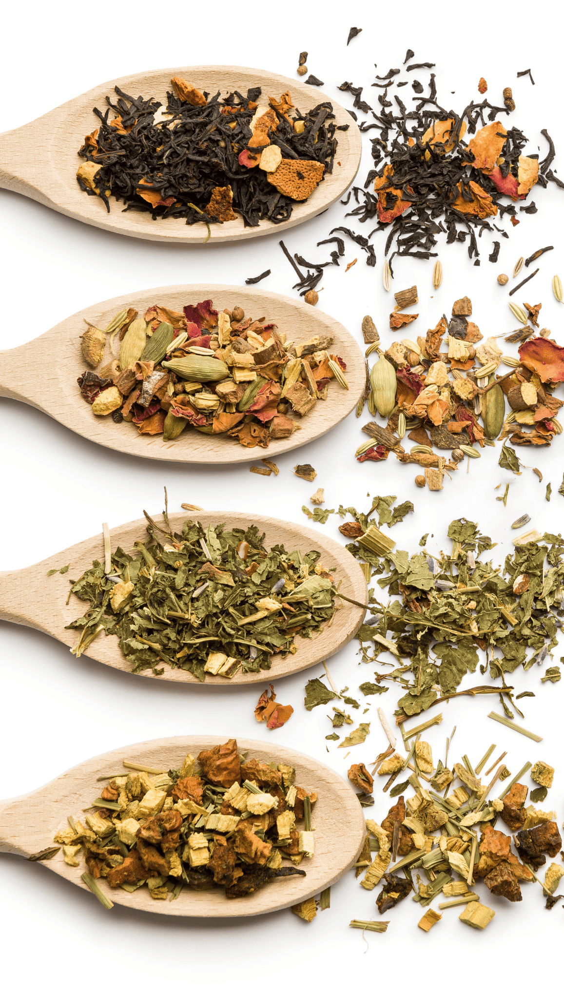Five wooden spoons filled with loose leaf tea blends—rich in herbs, spices, and dried flowers—are arranged vertically on a white background. These vibrant teas are perfect for morning rituals or to help boost metabolism throughout your day.