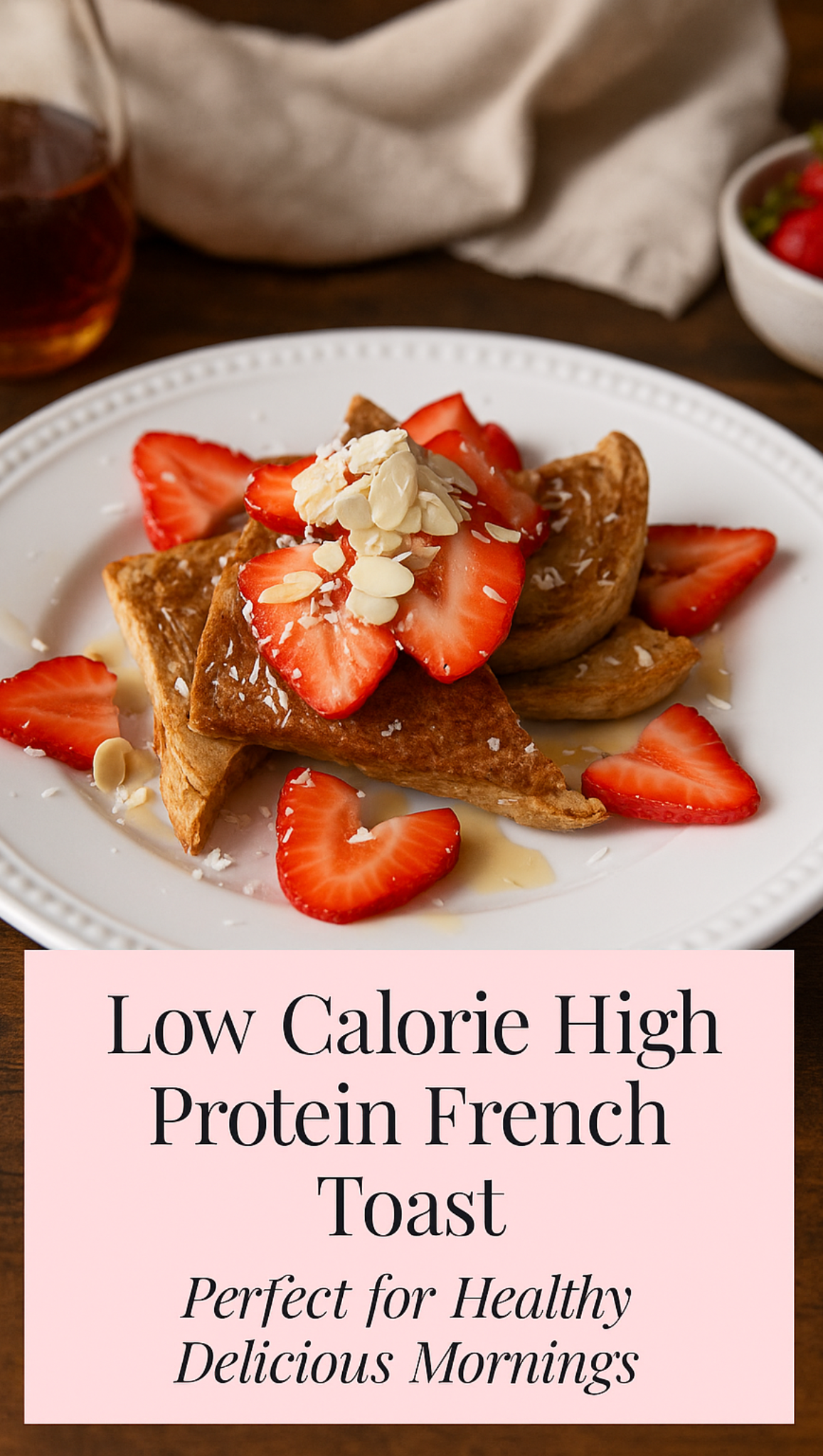 A plate of French toast topped with sliced strawberries and almond slivers, drizzled with syrup. Text reads: Low Calorie High Protein French Toast – the perfect healthy meal for delicious mornings.