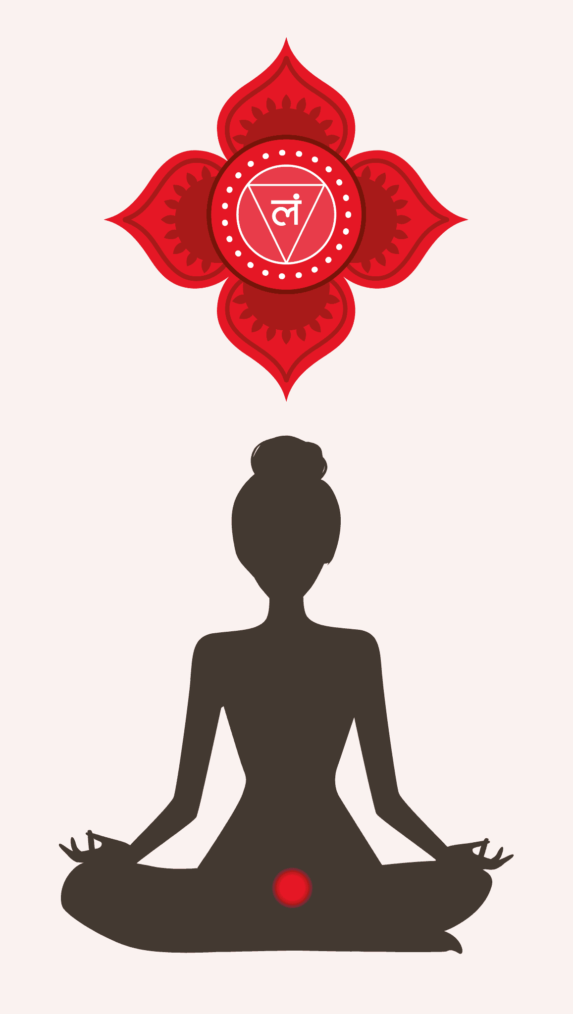 A silhouette of a person meditating in lotus pose, with a red symbol representing the root chakra (Muladhara) above their head and a red dot at the base of their spine, illustrating chakras and alignment.