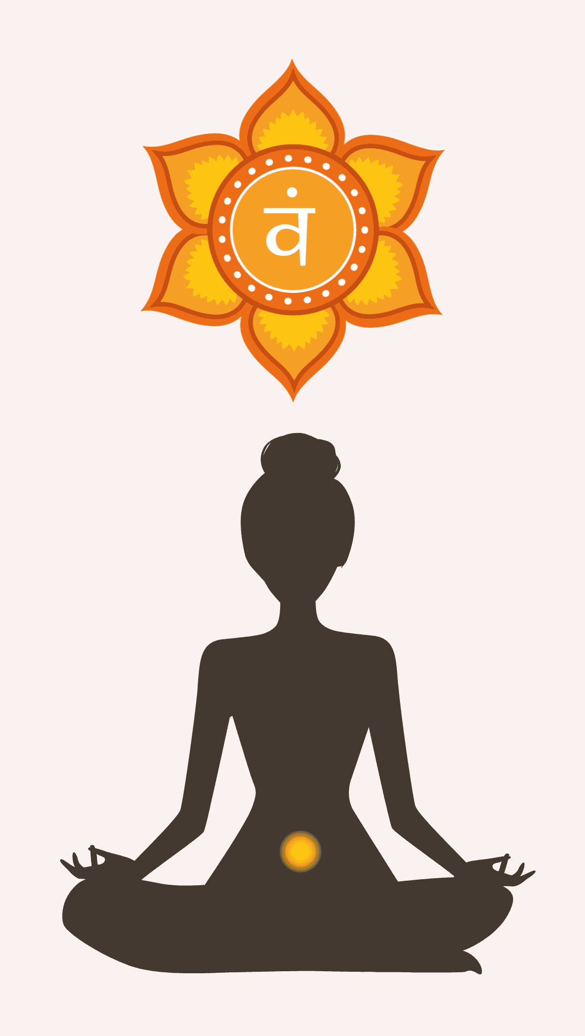 A silhouette of a person meditating in lotus position with a glowing yellow spot at the lower abdomen, beneath an orange sacral chakra symbol surrounded by a lotus design, representing balance within the bodys chakras.