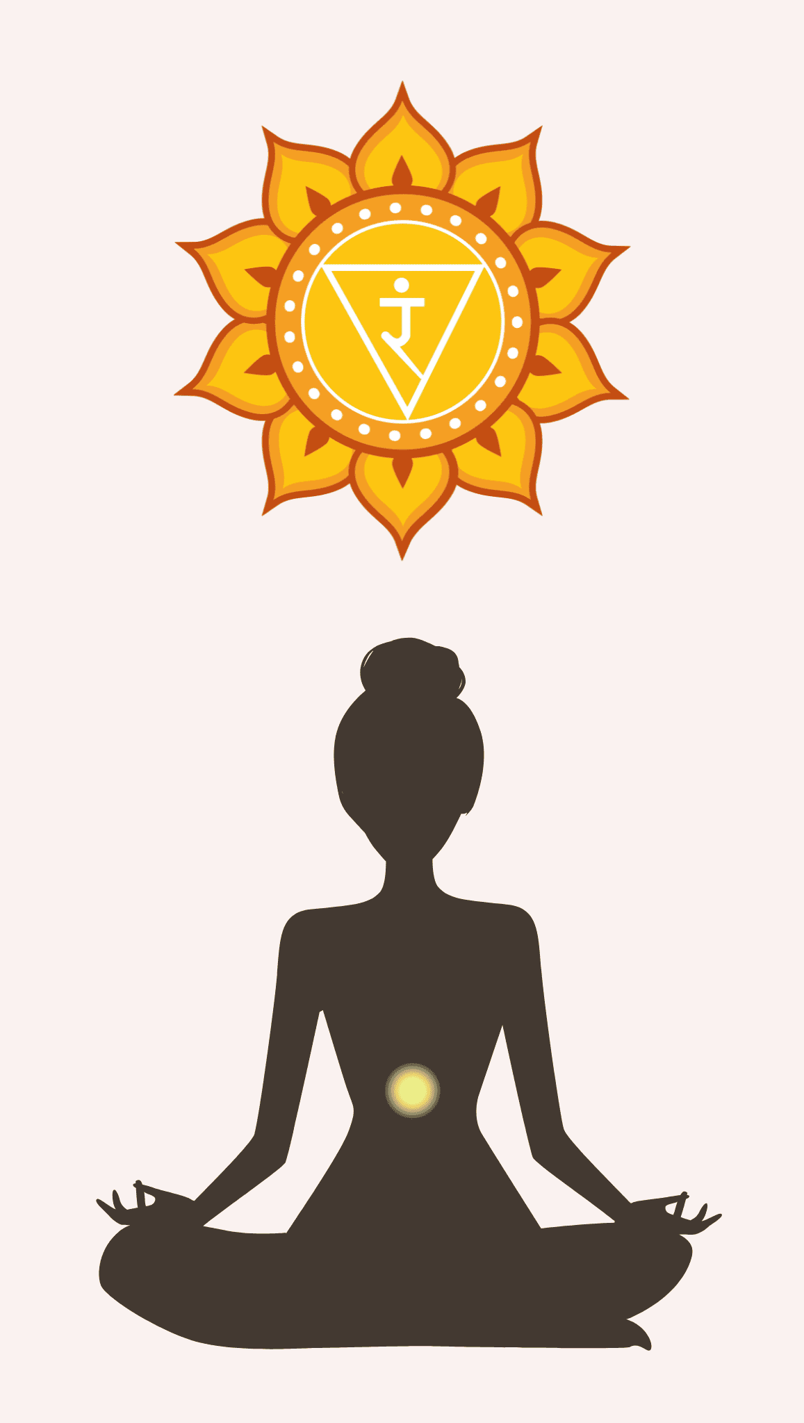 A silhouette of a person meditating in lotus position with a yellow glowing spot at the navel, chakras aligned, and a yellow mandala symbol representing the solar plexus chakra above them.