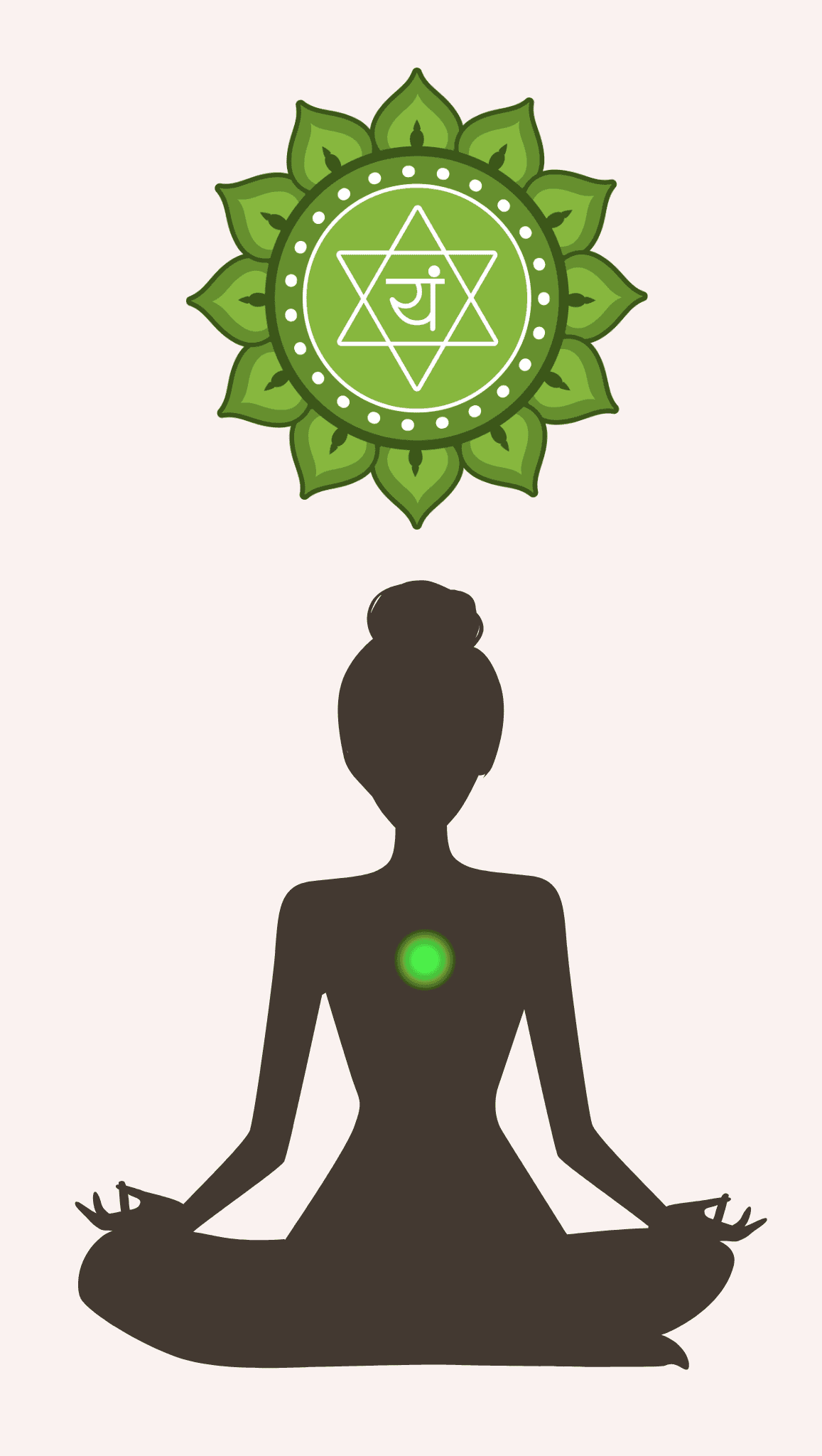 Silhouette of a person meditating in lotus position with a glowing green spot at their chest, representing chakras, and a green heart chakra symbol above their head.