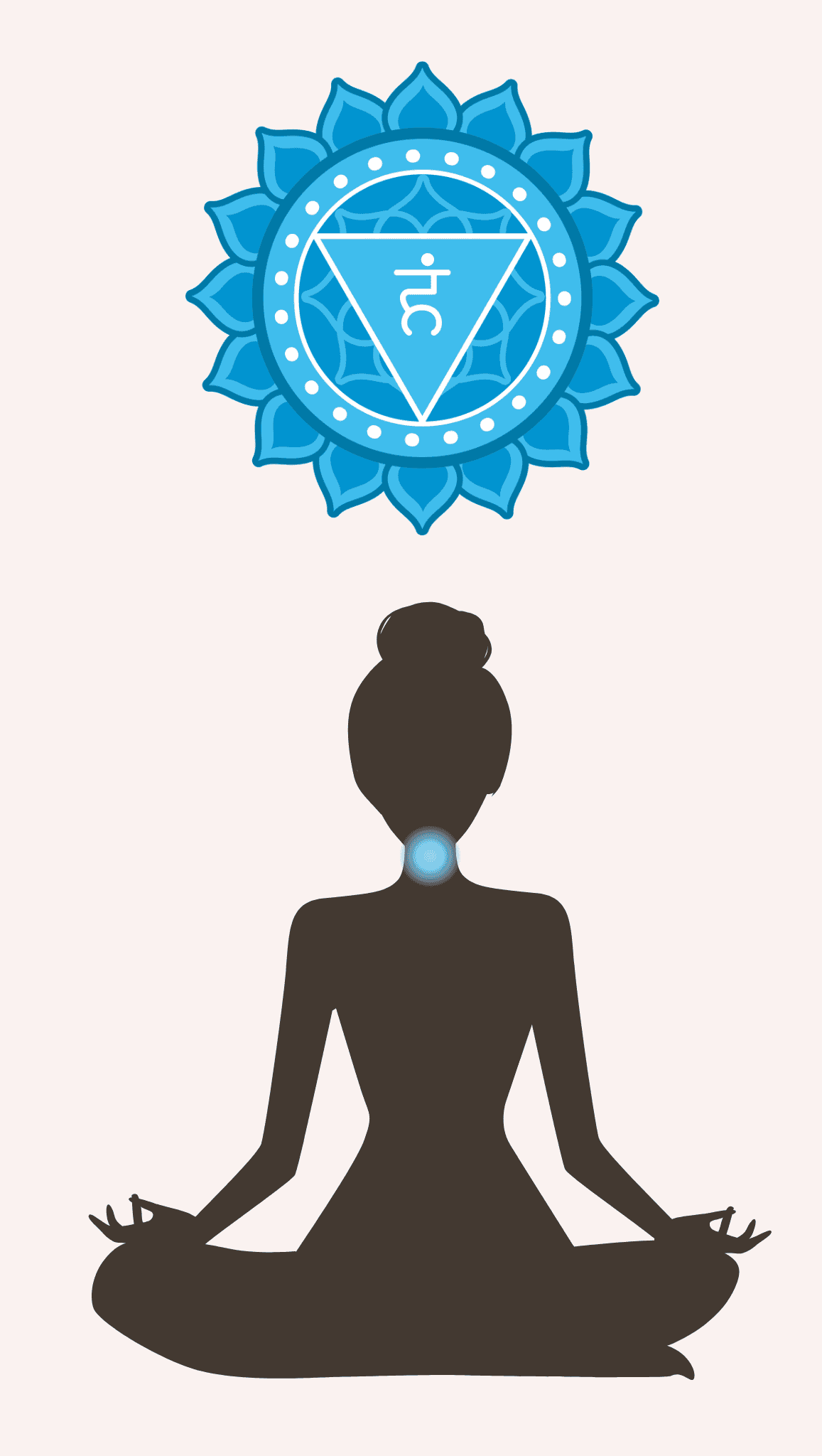 A silhouette of a person meditating in a lotus position with a glowing blue spot at their throat, highlighting the throat chakra, and a blue symbol representing chakras floating above their head.
