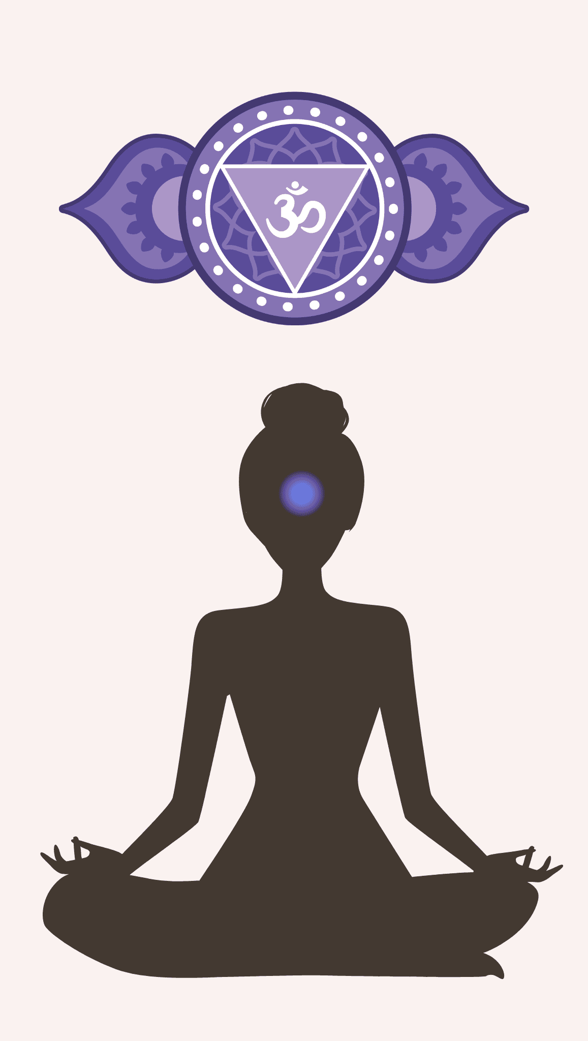A silhouette of a person meditating in lotus pose with a glowing indigo spot on their forehead, representing the chakras. Above them is an illustration of the third eye chakra symbol, featuring an Om symbol and purple decorative elements.