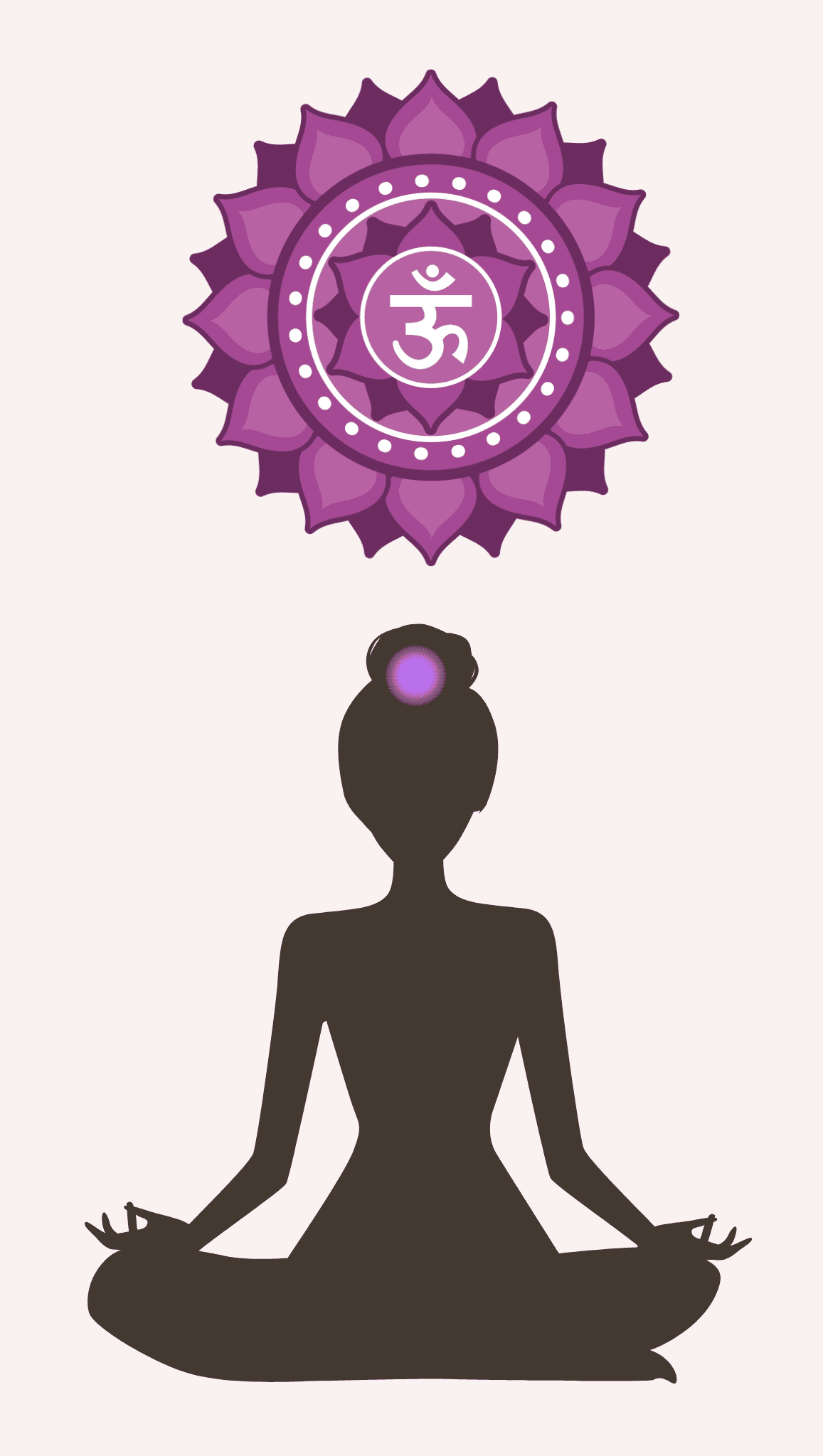 Silhouette of a person meditating in lotus position with a glowing violet circle on their head, symbolizing the crown chakra. Above is a stylized purple lotus with an Om symbol, reflecting harmony and balance in the chakras.