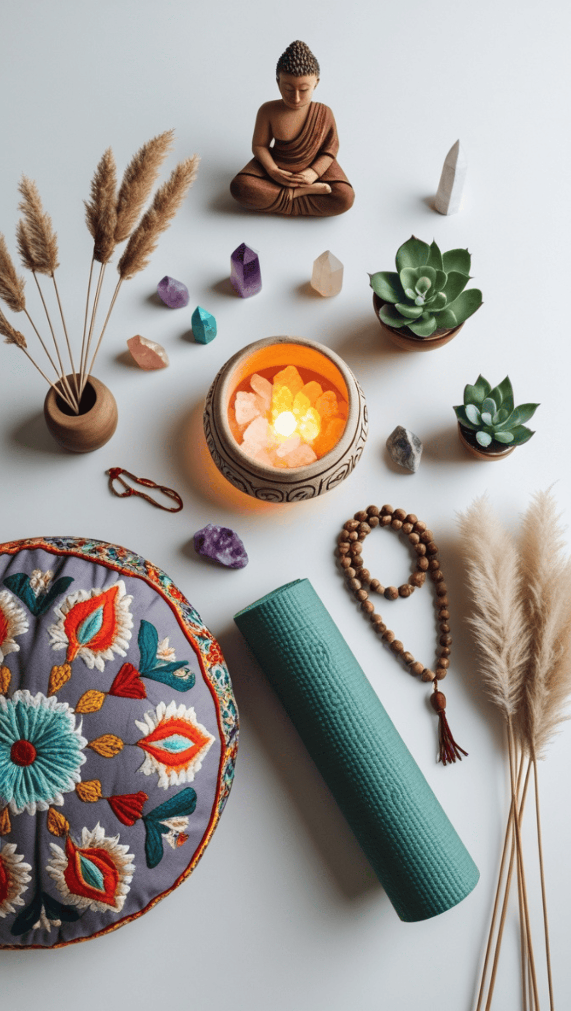 A flat lay of meditation items, perfect for Meditation Spaces, featuring a Buddha statue, crystals, succulents, a salt lamp, beaded mala, green yoga mat, pampas grass, and a colorful embroidered cushion on a white background.