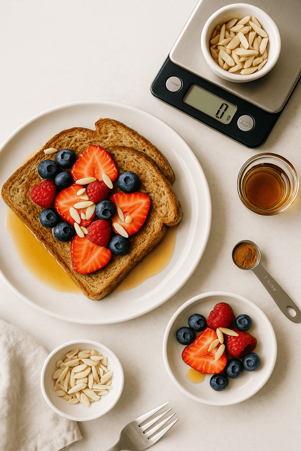 A plate with two slices of toast topped with strawberries, blueberries, raspberries, slivered almonds, and syrup creates a healthy meal. Surrounding bowls contain fruit, almonds, syrup, and a digital scale sits nearby. A fork and napkin are also present.