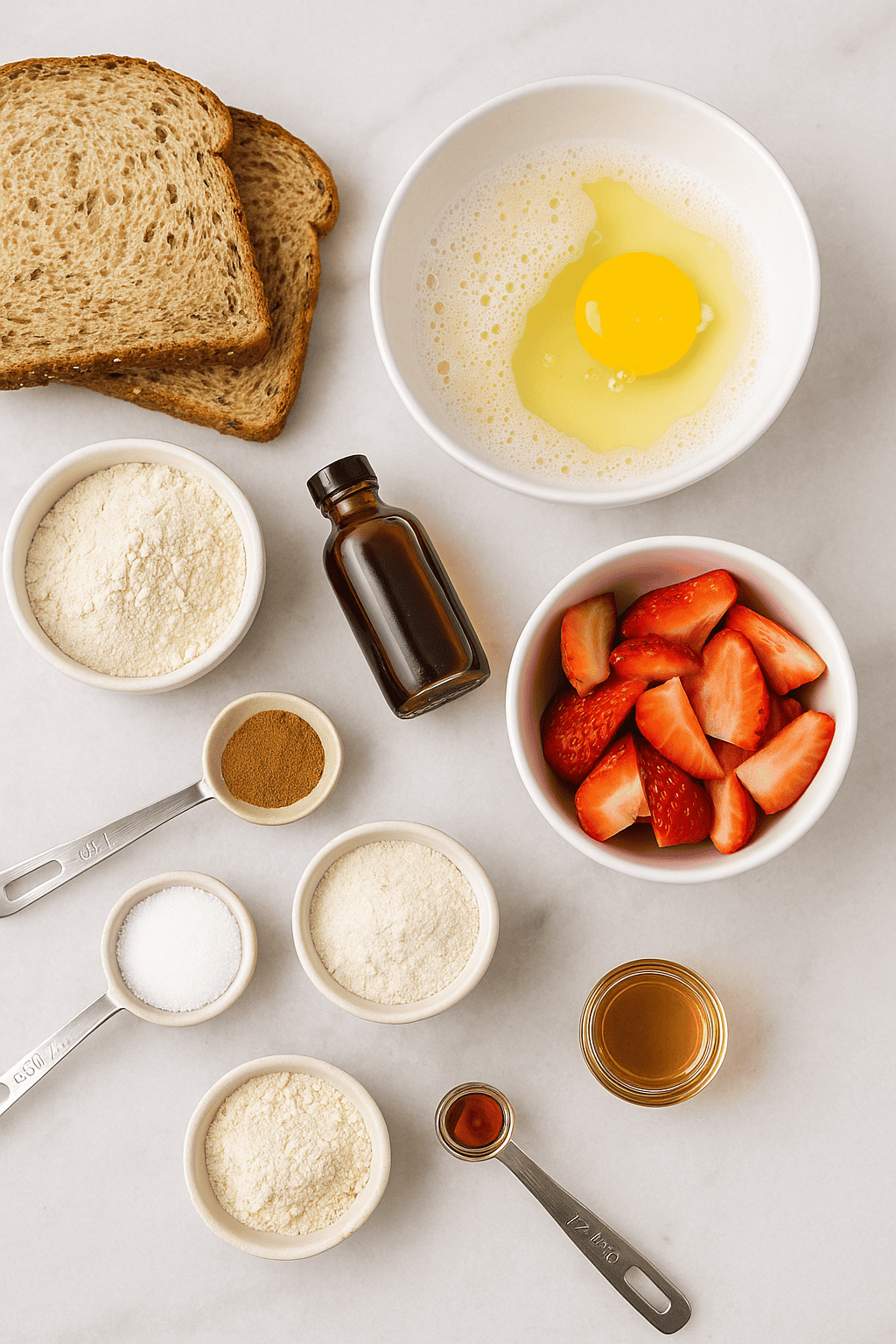 A flat lay of ingredients for French toast: sliced bread, a bowl with an egg and milk, a bowl of sliced strawberries, vanilla extract, cinnamon, salt, and measured dry ingredients on a white surface for a healthy meal or low calorie option.