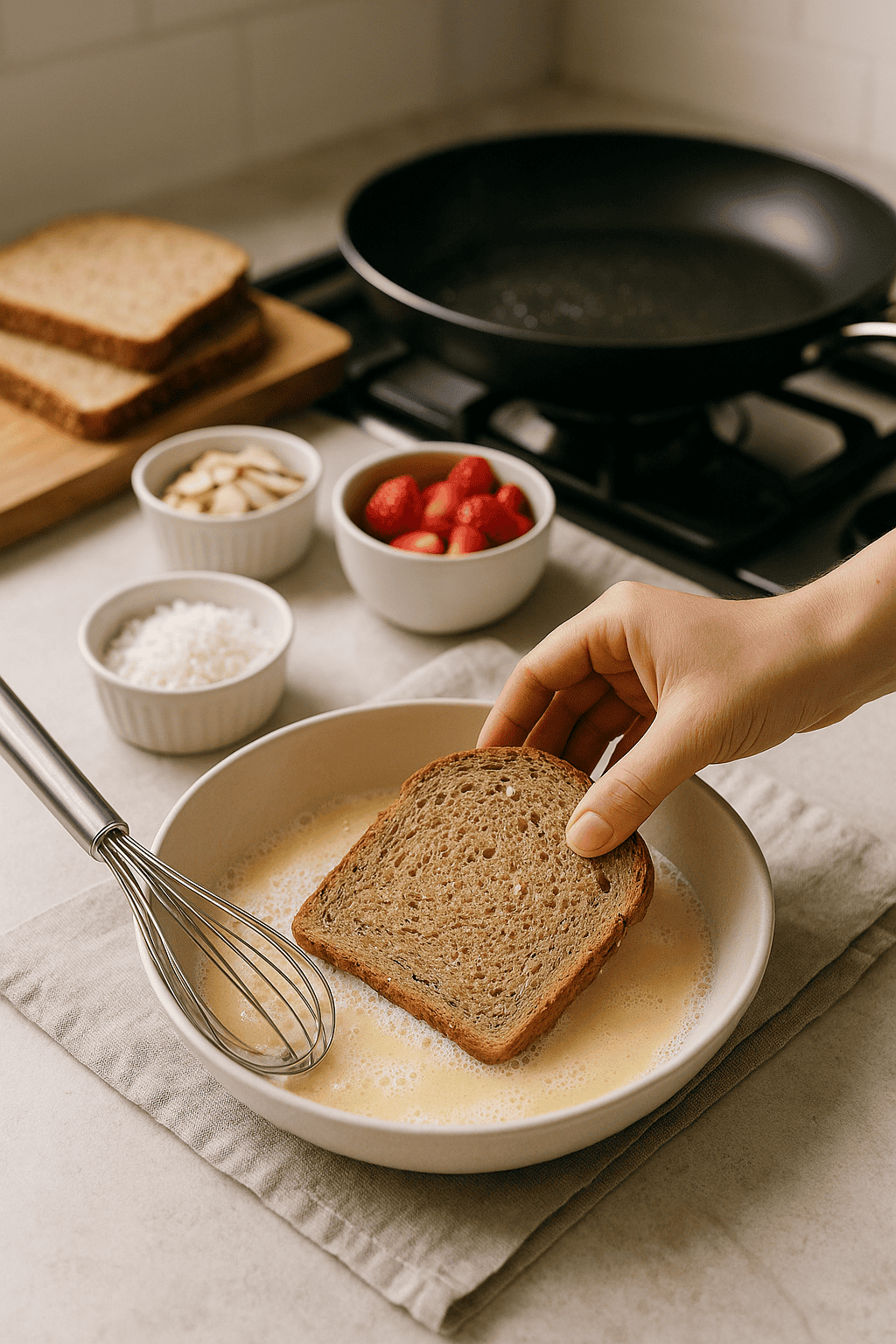 A hand dips a slice of whole grain bread into beaten eggs on a kitchen counter, preparing a high protein, healthy meal. Nearby are a whisk, frying pan, and bowls of strawberries, sliced almonds, and coconut.
