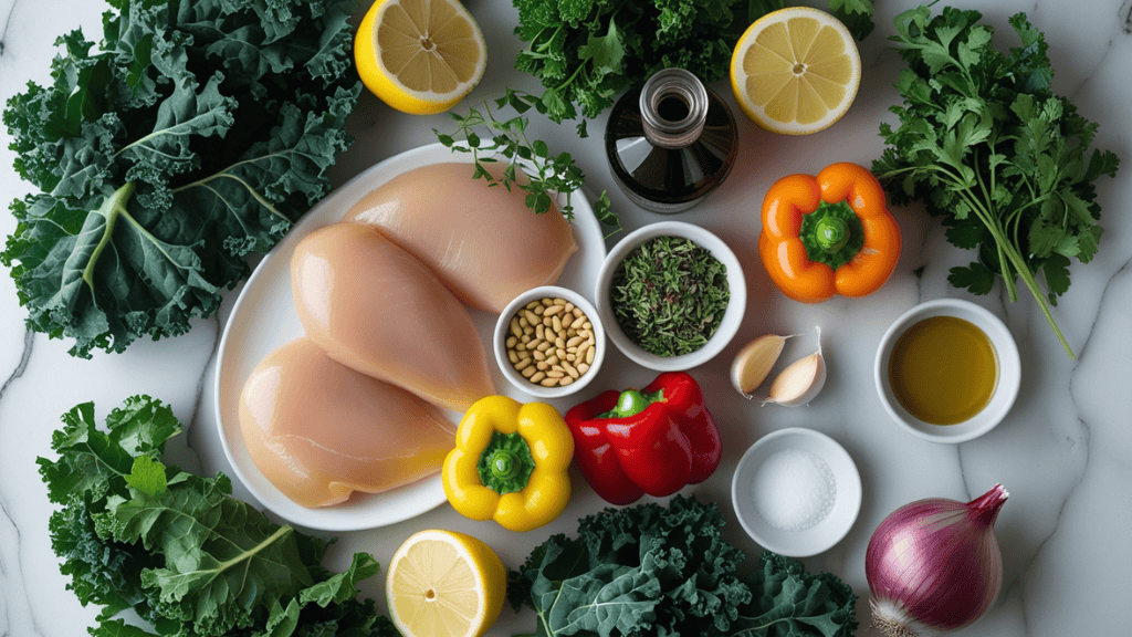 Raw chicken breasts on a plate surrounded by kale, bell peppers, lemon halves, parsley, pine nuts, and other fresh ingredients—perfect for preparing a vibrant Chicken Kale Salad.