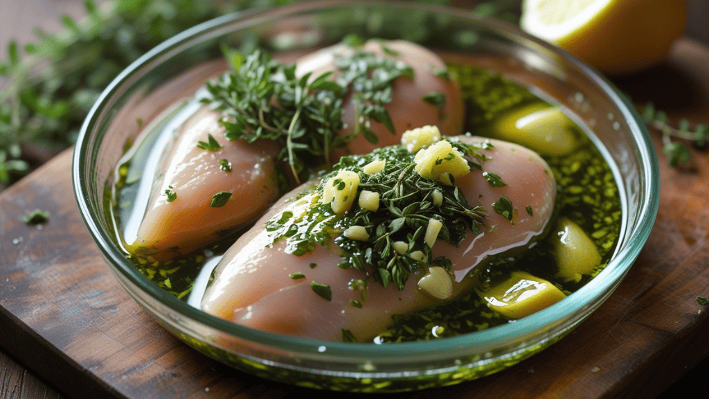 Two raw chicken breasts marinating in olive oil with chopped garlic, fresh herbs, and lemon in a glass dish on a wooden surface—perfect for adding bold flavor to your next Chicken Kale Salad. Greenery provides a fresh background.