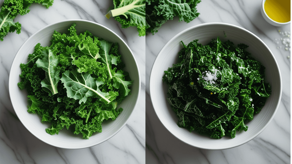 Side-by-side bowls display raw kale and massaged kale with olive oil and salt—perfect for a Chicken Kale Salad—set on a marble surface, with a cup of olive oil nearby.