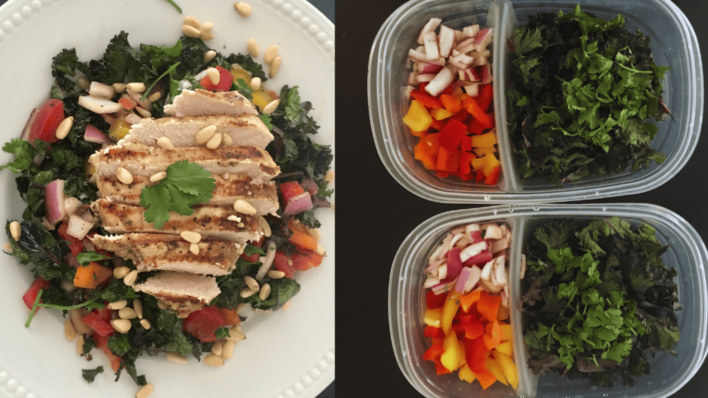 A plate with grilled chicken slices on a colorful Chicken Kale Salad next to two meal prep containers filled with chopped bell peppers, red onions, greens, and leafy herbs.