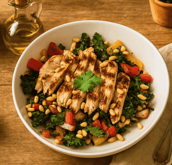 A bowl of Chicken Kale Salad with grilled chicken breast strips, kale, diced red and yellow bell peppers, pine nuts, and parsley sits on a wooden table alongside a fork, salt, olive oil, and potted plants.