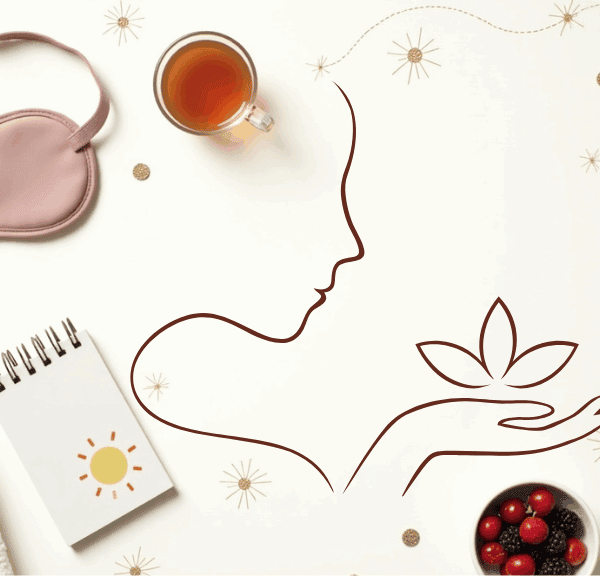 A flat lay of self-care items: a pink sleep mask, a cup of tea, a rolled towel, a notepad with a sun doodle, a white blanket, a glass water bottle, berries, and an abstract line drawing—perfect essentials for mindful bio-hacking at home.