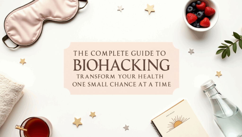 Flat lay of wellness items—sleep mask, towel, tea, berries, notebook, water bottle, and decorative stars—surround the text: The Complete Guide to Bio-Hacking: Transform Your Health One Small Change at a Time.