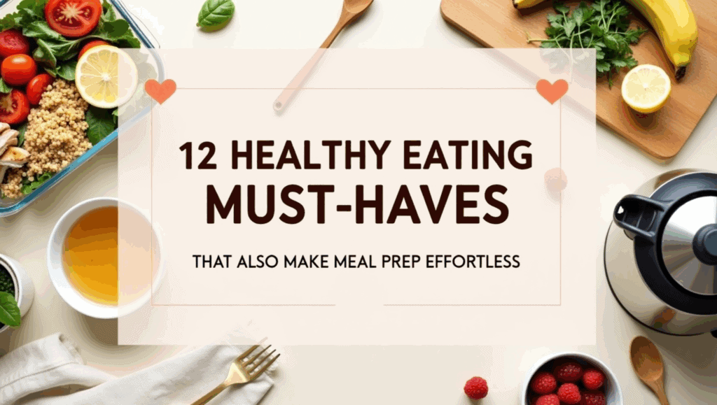 A flat lay of healthy foods like salad, lemon, herbs, bananas, and tea surrounds a text box that reads: 12 Healthy Eating Must-Haves That Also Make Meal Prep Effortless. Perfect for anyone looking to simplify meal prep and embrace healthy eating.