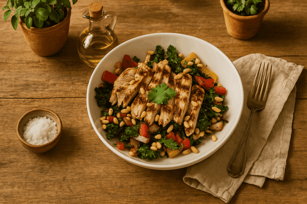 A bowl of Chicken Kale Salad with grilled chicken, tomatoes, white beans, and pine nuts, garnished with cilantro. Surrounding the bowl are a fork on a napkin, a small bowl of salt, potted herbs, and a glass bottle of oil.