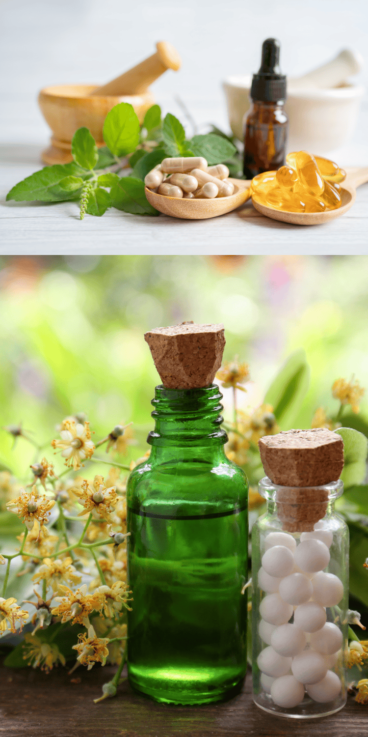 Herbs, capsules, softgels, and a dropper bottle on a table; below, two glass bottles—one green with liquid and one clear with white pellets—are set among blooming flowers outdoors, hinting at natural Sleep Solutions.
