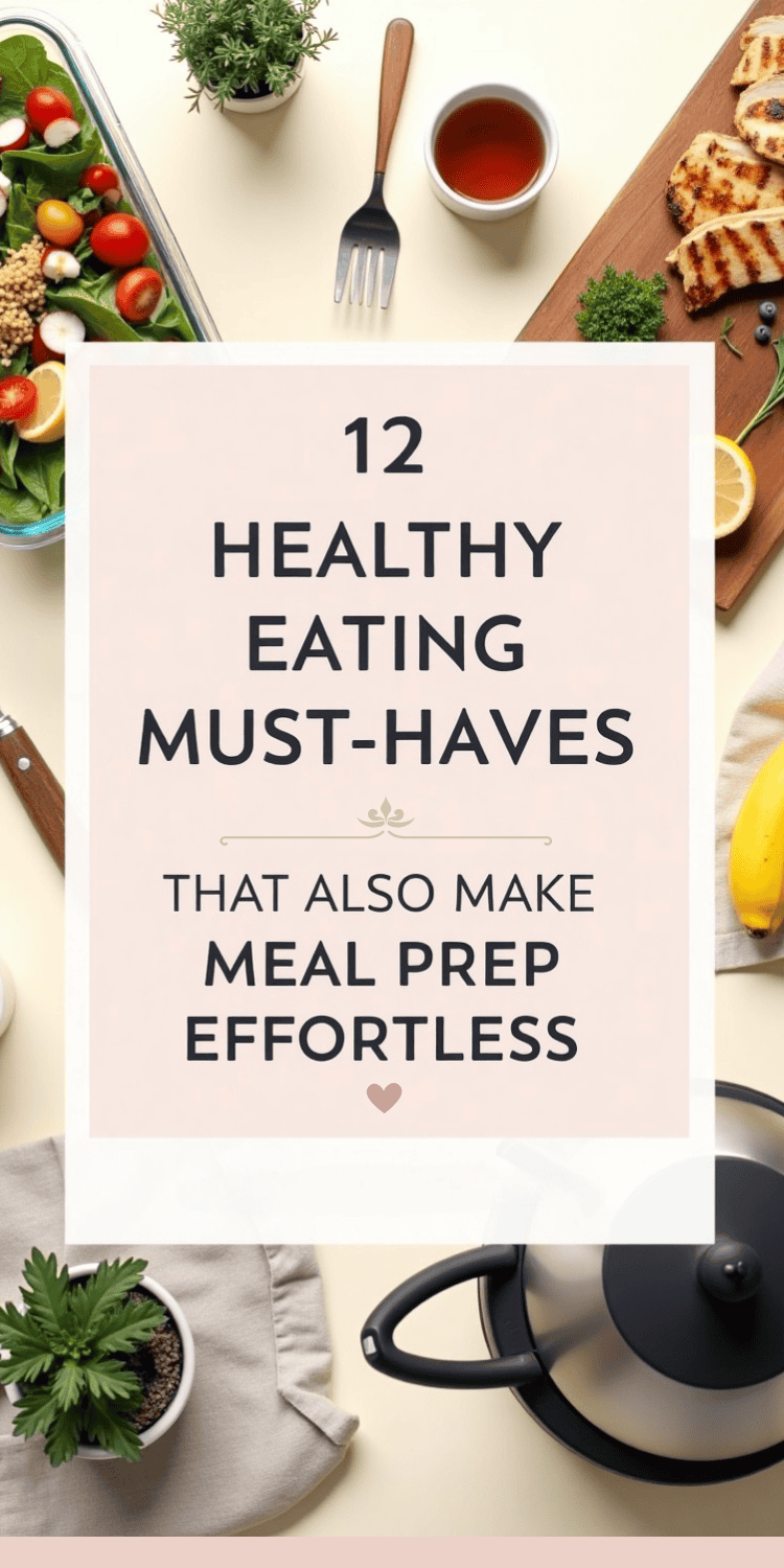 A flat lay of Healthy Eating essentials and kitchen items surrounds a sign that reads, 12 Healthy Eating Must-Haves That Also Make Meal Prep Effortless. Items include salad, grilled chicken, banana, tea, and a French press.