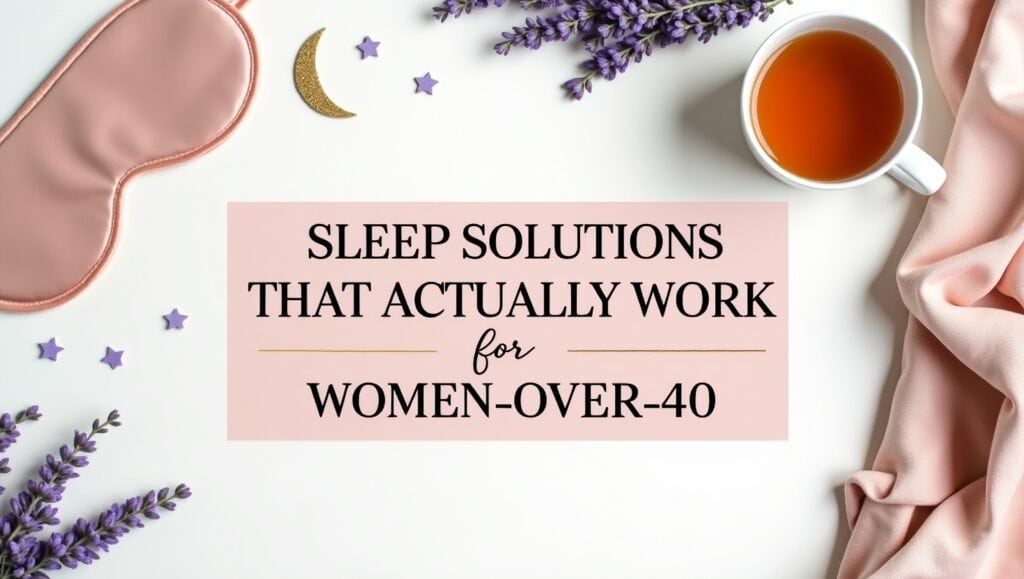 Flat lay with a pink sleep mask, lavender sprigs, cup of tea, gold moon, purple stars, and text reading “Sleep Solutions that actually work for women over 40” on a pale pink background.