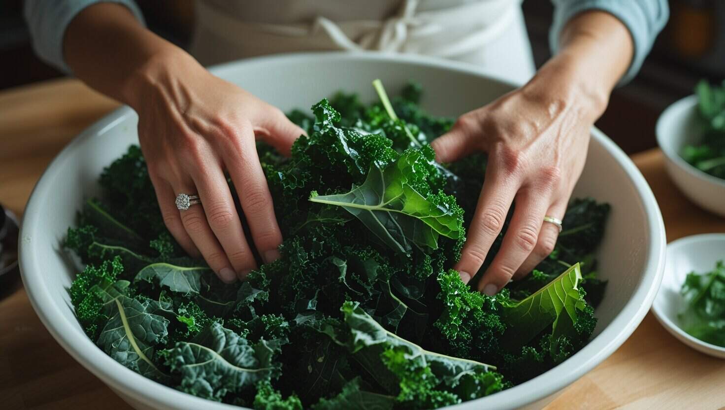 A person wearing an apron massages fresh kale leaves in a large white bowl on a wooden countertop, preparing leafy greens for a homemade Chicken Kale Salad in a kitchen setting.