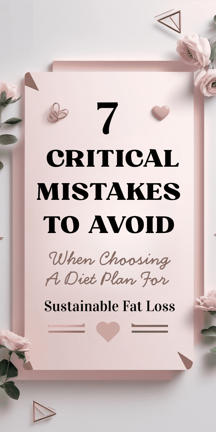 A pink decorative Diet Plan sign with flowers and hearts reads: “7 Critical Mistakes to Avoid When Choosing a Diet Plan for Sustainable Fat Loss.”.