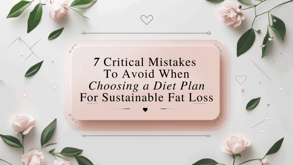 A pink box with the text 7 Critical Mistakes To Avoid When Choosing a Diet Plan For Sustainable Fat Loss is surrounded by pale pink roses and green leaves, creating an elegant guide to selecting the perfect diet plan.