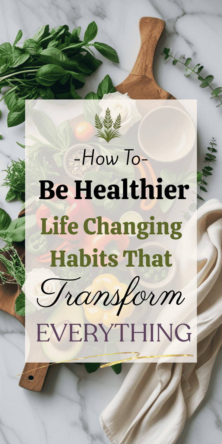 A flat lay of fresh vegetables, herbs, a wooden cutting board, and a white cloth on a marble surface with overlaid text: How to be healthier—wellness habits that transform everything.