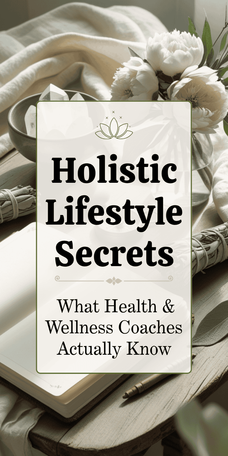 A journal, pen, and wellness essentials are arranged on a table with flowers. Text overlay reads: Holistic Lifestyle Secrets: What Health & Wellness Coaches Actually Know.