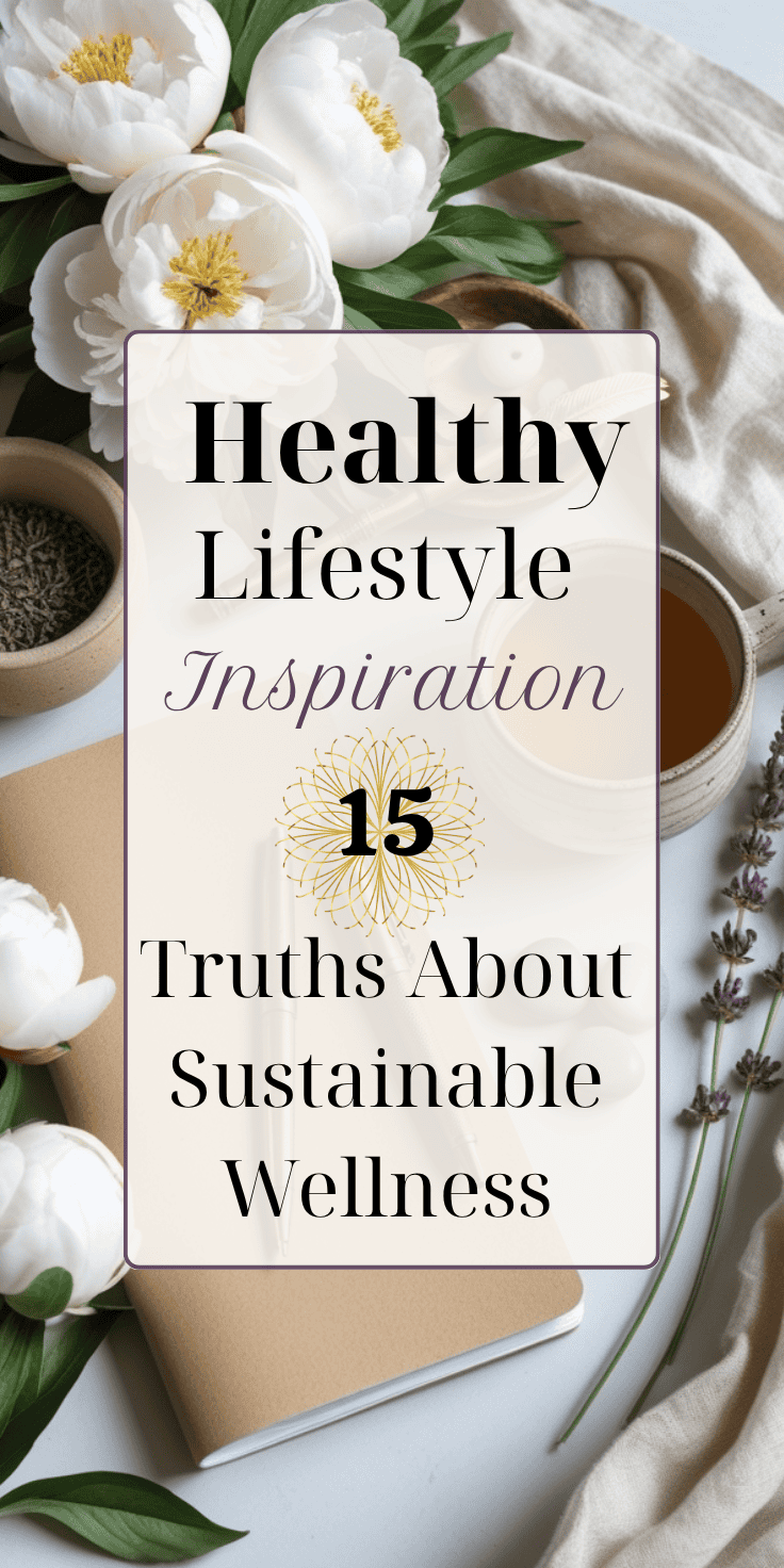 Flat lay of a notebook, cup of tea, white flowers, and lavender sprigs. Overlaid text reads: Wellness Inspiration—15 Truths About Sustainable Wellness in various fonts.