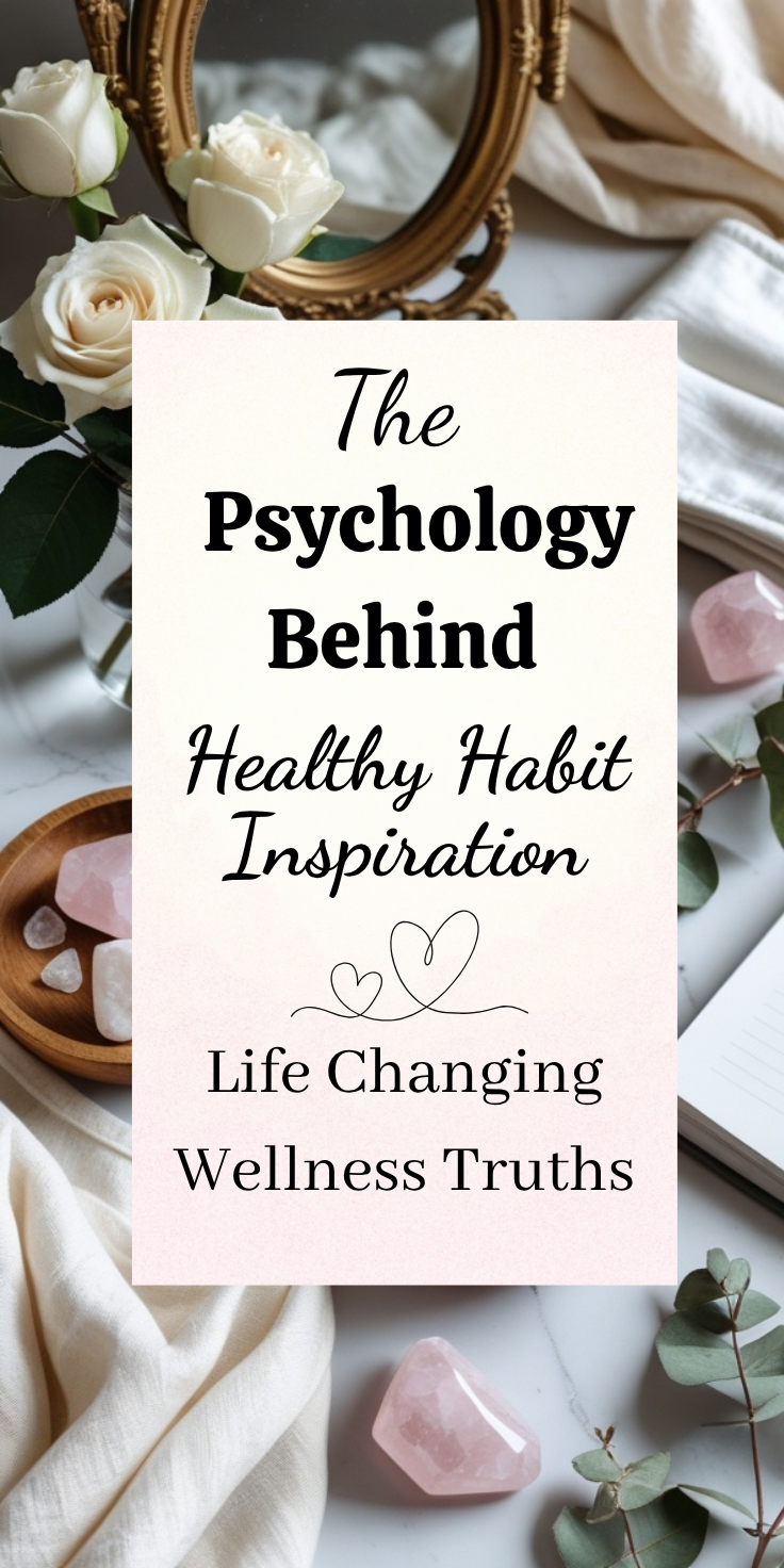 A wellness-themed flat lay with white roses, pink crystals, a mirror, a notebook, and soft fabric. Text overlay reads: The Psychology Behind Healthy Habit Inspiration – Life Changing Wellness Truths for your daily wellness journey.