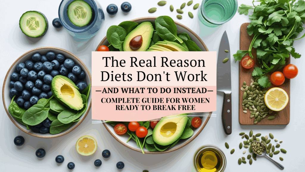 A colorful spread of healthy foods surrounds text reading Diets Dont Work—And What to Do Instead—Complete Guide for Women Ready to Break Free. Featuring avocados, blueberries, tomatoes, greens, seeds, and herbs.