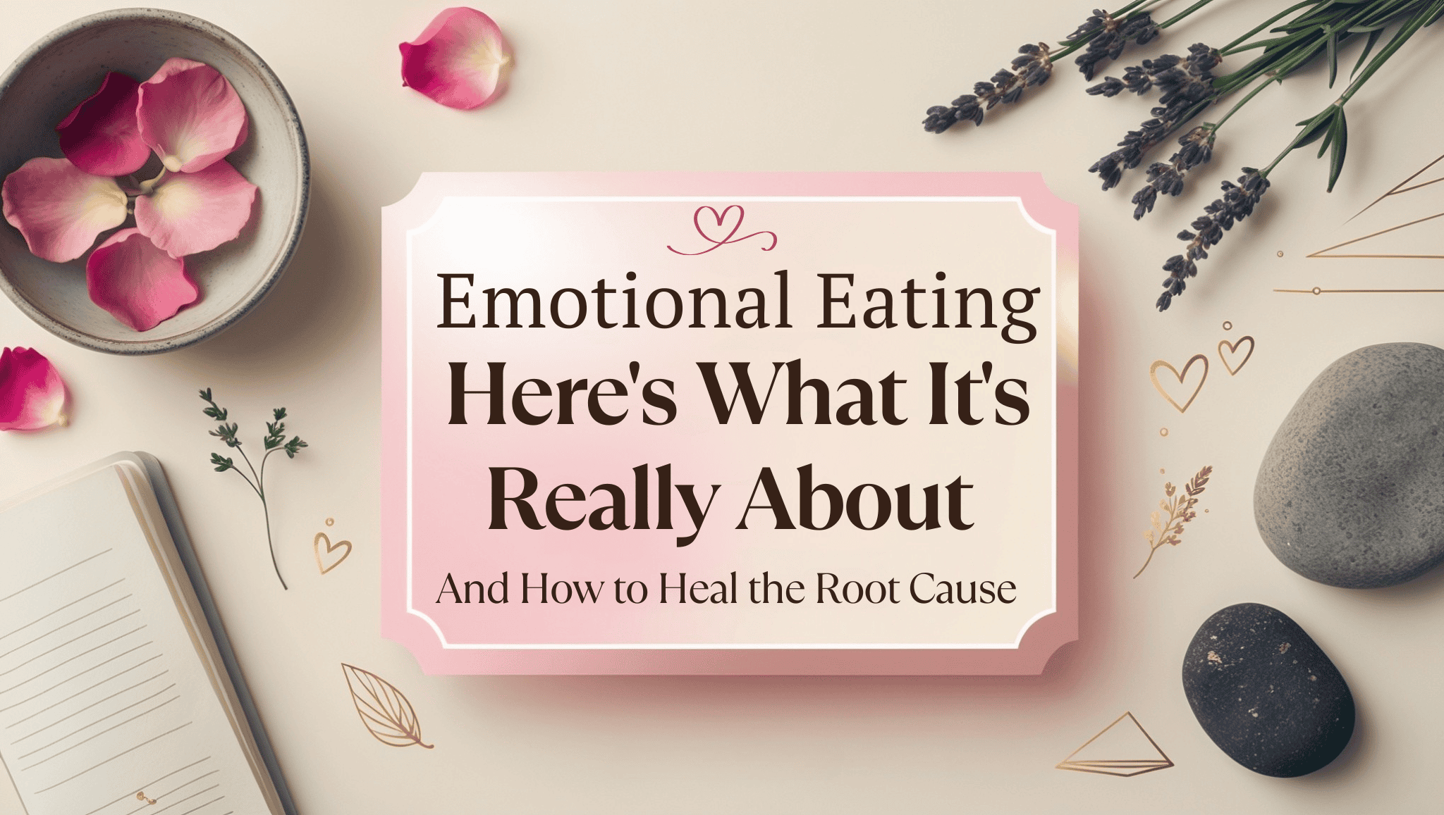 A soft, calming flat lay with rose petals, lavender, a notebook, and smooth stones. Centered text reads: Emotional Eating—Here’s What It’s Really About and How to Heal the Root Cause. Find peace as you explore emotional eating in a soothing setting.