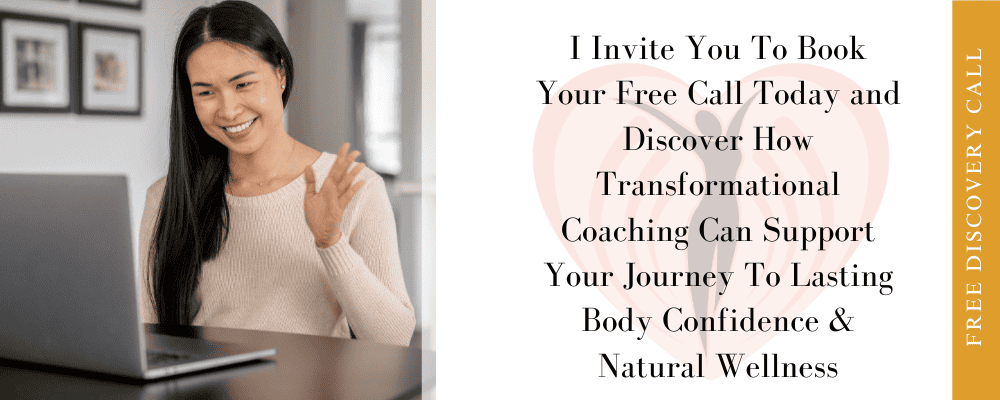 A woman smiles and waves at a laptop during a video call. Next to her, text reads: Book your free call today and discover how transformational coaching can help you redefine what Fit Really Means After 35 for lasting body confidence & natural wellness.