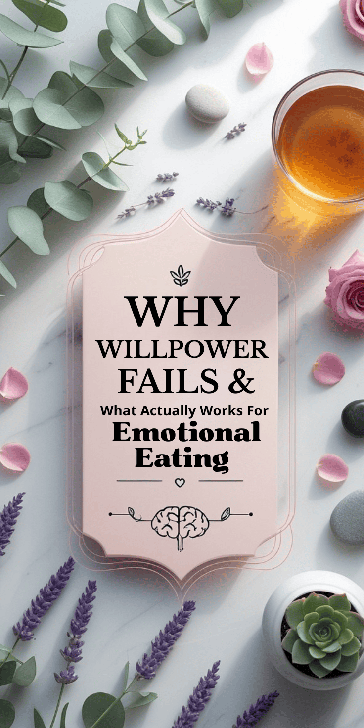A pink sign on a table reads “Why willpower fails & what actually creates lasting change for emotional eating” with a brain icon. Surrounding the sign are lavender sprigs, eucalyptus leaves, tea, flowers, and stones.