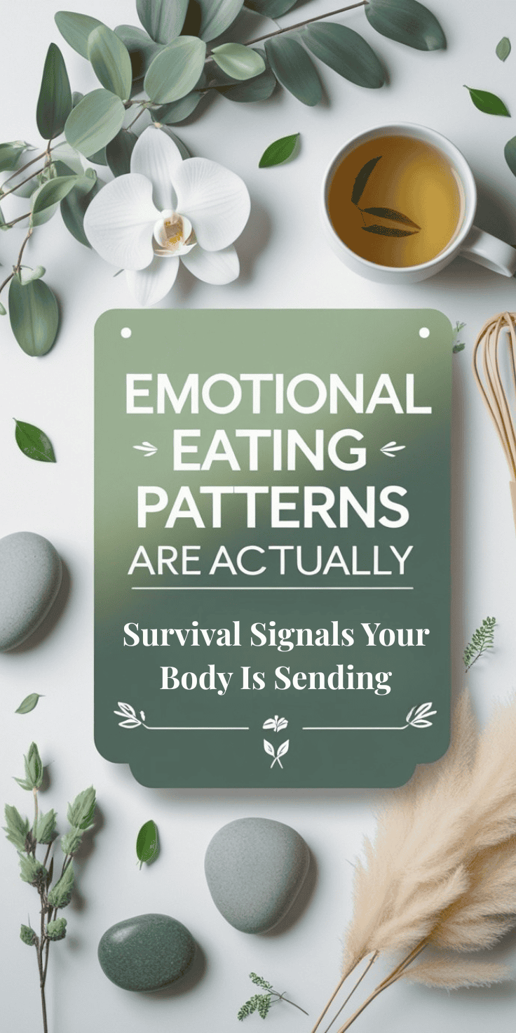 A sign reads “Emotional eating patterns are actually survival signals your body is sending,” highlighting Emotional Eating, surrounded by green leaves, a white orchid, a cup of tea, gray stones, and pampas grass on a light background.