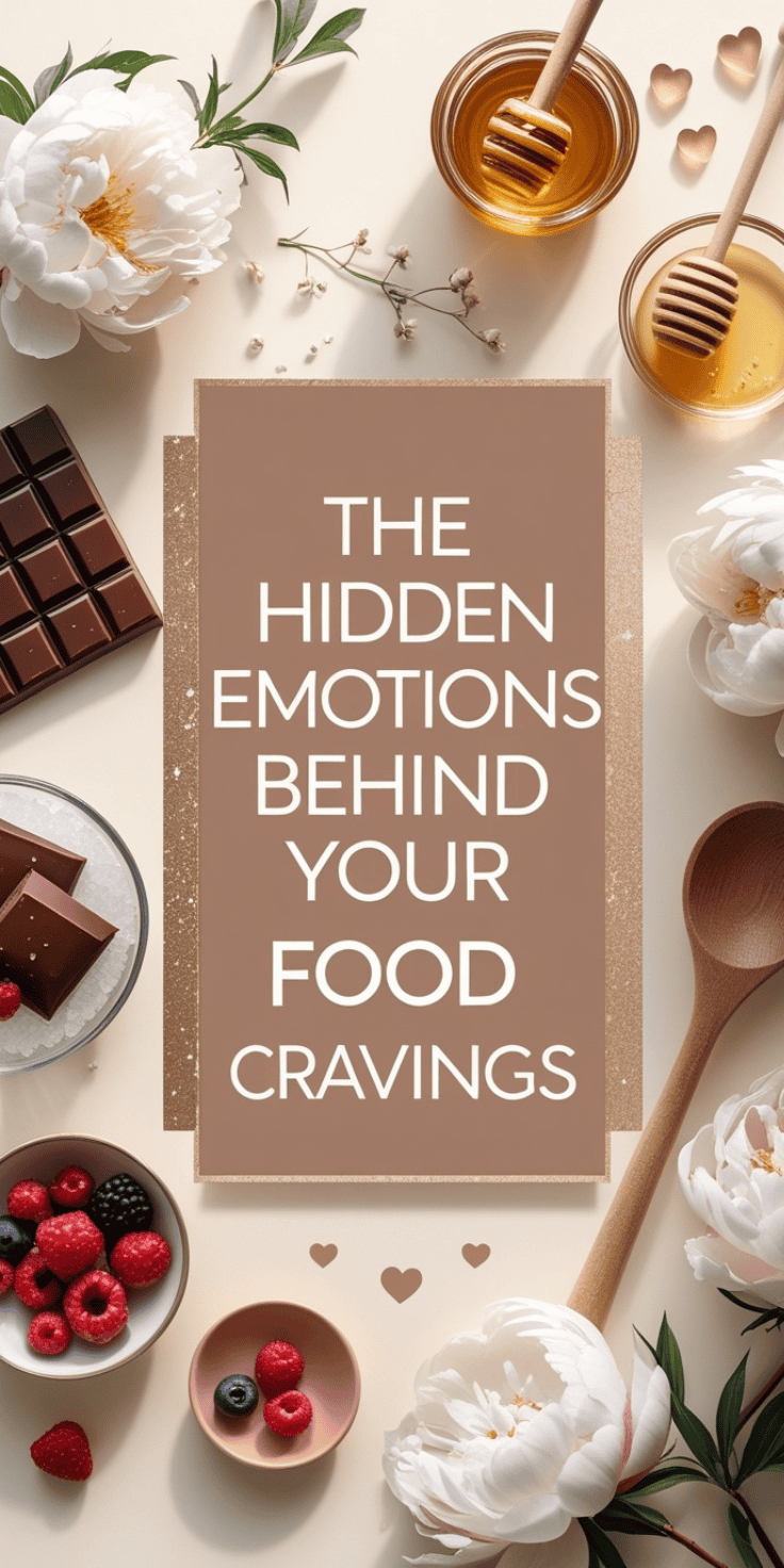 A flat lay with flowers, berries, chocolate, honey, and wooden utensils surrounding a sign that reads, The hidden emotions behind your food cravings—explore the link between Emotional Eating and your favorite treats.