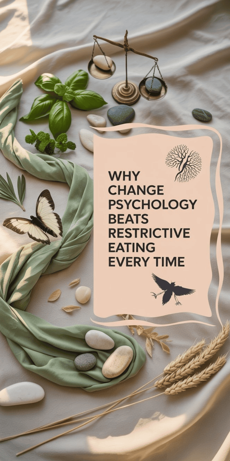 A flatlay with a scale, green leaves, butterfly, smooth stones, wheat, and fabric. In the center, a beige panel reads: “WHY CHANGE PSYCHOLOGY BEATS WILLPOWER AND RESTRICTIVE EATING EVERY TIME.”.