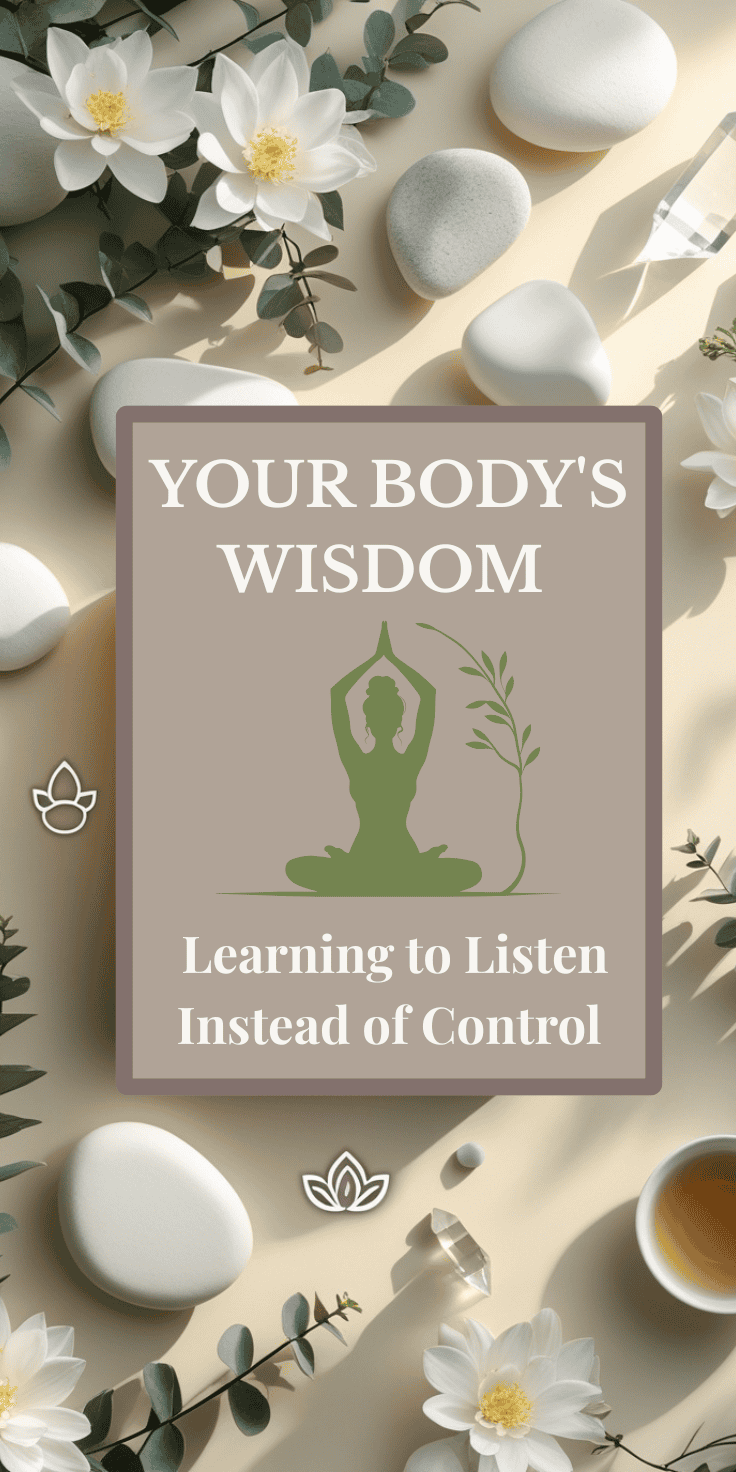 A peaceful flat lay of white stones, flowers, and leaves surrounds a sign reading, YOUR BODY’S WISDOM. Learning to Listen Instead of Control, with a silhouette meditating—a gentle reminder for those navigating emotional eating.