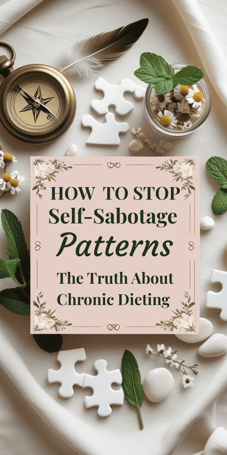 A flat lay of puzzle pieces, leaves, flowers, a compass, and a feather surrounds a sign reading How to Stop Self-Sabotage Patterns: The Truth About Chronic Dieting and Lasting Change on a soft beige background.