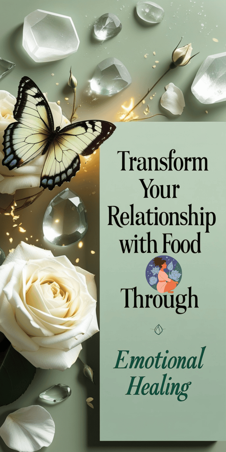 A soft green background with white roses, diamonds, and a butterfly. The text reads: Transform your relationship with food and overcome emotional eating through emotional healing. An illustration of a woman holding her knees appears in the word Through.