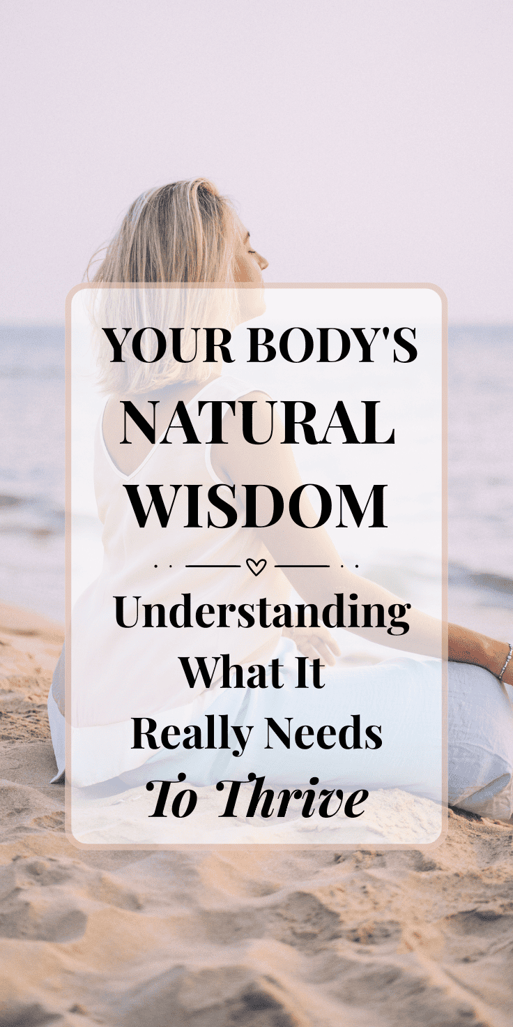 A woman sits cross-legged on the beach facing the sea. Overlaid text reads: Your bodys natural wisdom—why Diets Dont Work and understanding what it really needs to thrive.