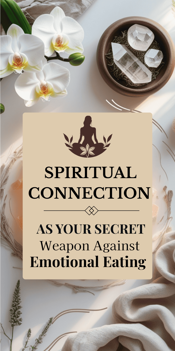 A card reads “Spiritual Connection as Your Secret Weapon Against Emotional Eating” surrounded by white orchids, crystals, feathers, and natural elements—inviting a mindful approach to healing emotional eating.